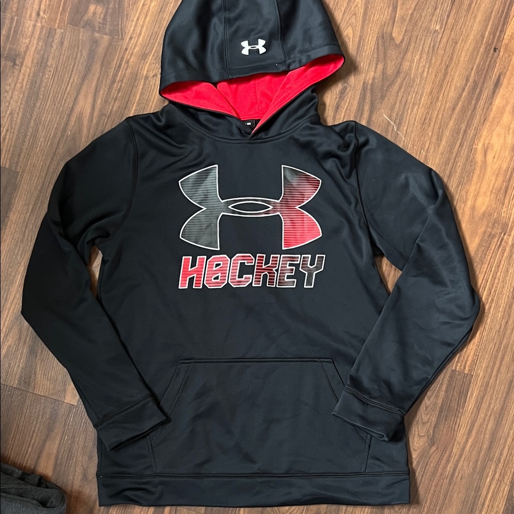 Under Armour Black Hoodie with Red Lined Hood & Hockey Logo